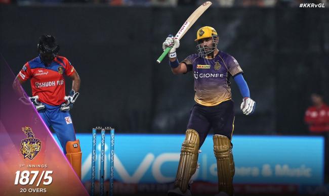 Uthappa and Raine guide KKR to score 187 in their innings against Gujarat lions