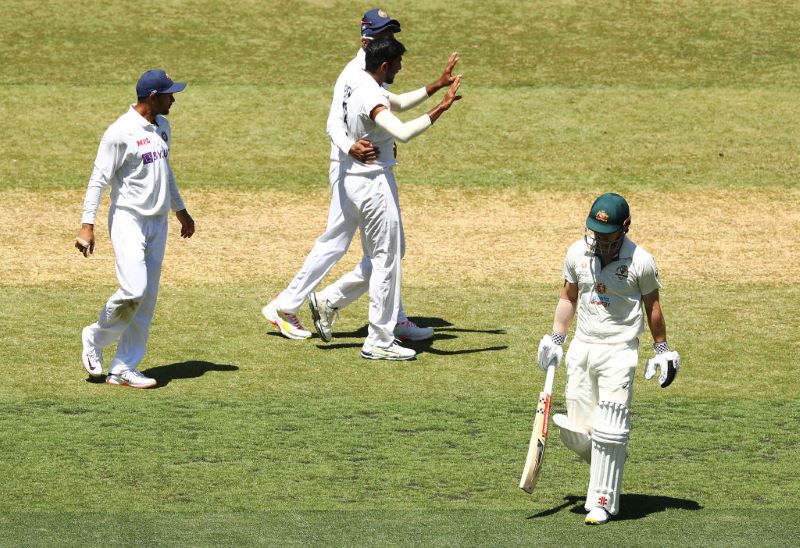 Indian players celebrating the dismissal of an Australian batsman