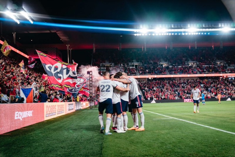 Players of St. Louis City SC celebrate a goal as they defeat FC Cincinnati 5-1 on Apr. 15, 2023 in St. Louis, MO. PC: Kashaun Smith of St. Louis City SC 