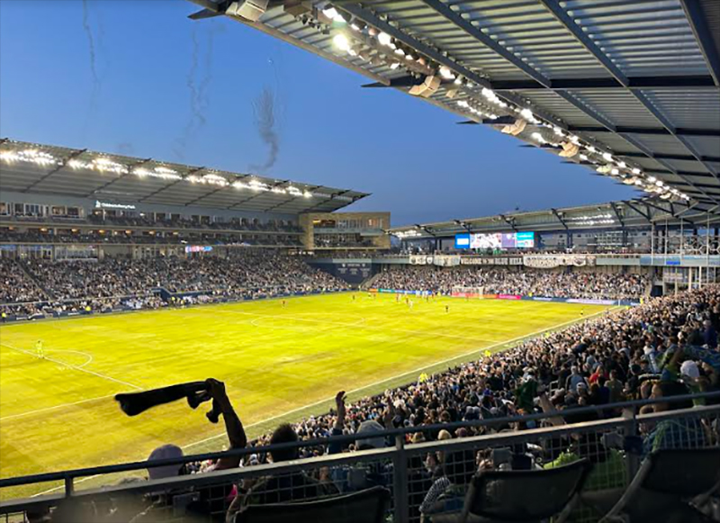 During a Soccer match with Sporting KC versus The Seattle Sounders on March 25, 2023, fans rooted for both teams in every corner of Children’s Mercy Park in Kansas City, KS. PC: Leah Rainwater, 3/25/23