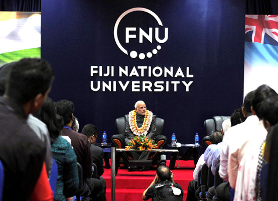 Modi being received on his arrival, at Nausori International Airport