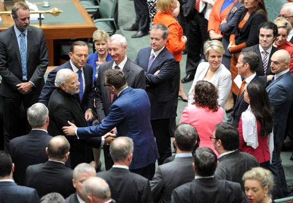 Narendra Modi being warmly received by the Prime Minister of Australia