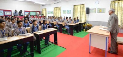 President Pranab Mukherjee takes class for students of  classes XI & XII 