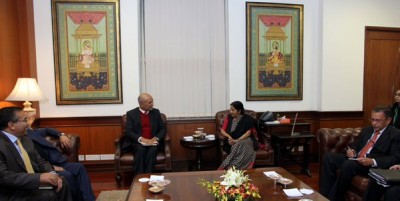 Sushma Swaraj meets Nepal Finance Minister Bishnu Poudel