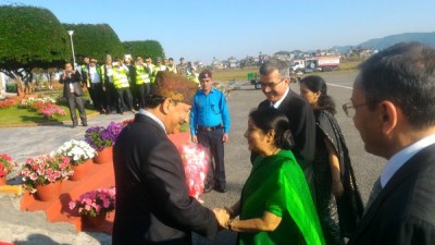 Sushma Swaraj arrives in Nepal for SAARC meet