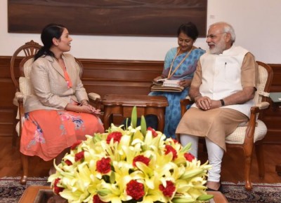 British Secretary of State for International Development Priti Patel meets Modi