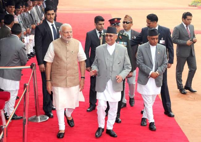The Prime Minister of Nepal, K.P. Sharma Oli with the Prime Minister, Narendra Modi, at the Ceremonial Reception, at Rashtrapati Bhavan