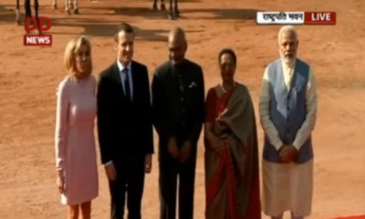 French President Emmanuel Macron receives ceremonial welcomes at Rashtrapati Bhavan 
