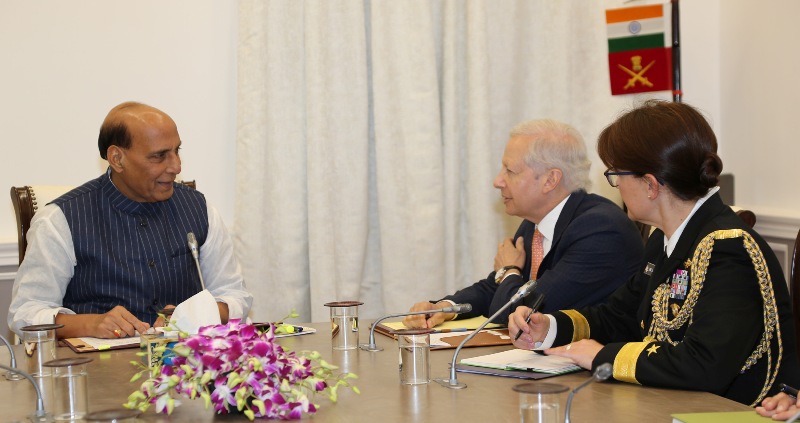 Rajnath Singh meets U.S. Ambassador Kenneth Ian Juster in New Delhi on December 03, 2019.