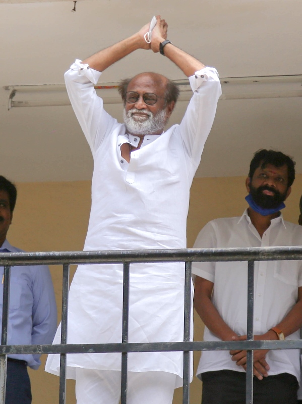 Actor Rajinikanth greets fans at Raghavendra Kalyana Mandapam in Chennai