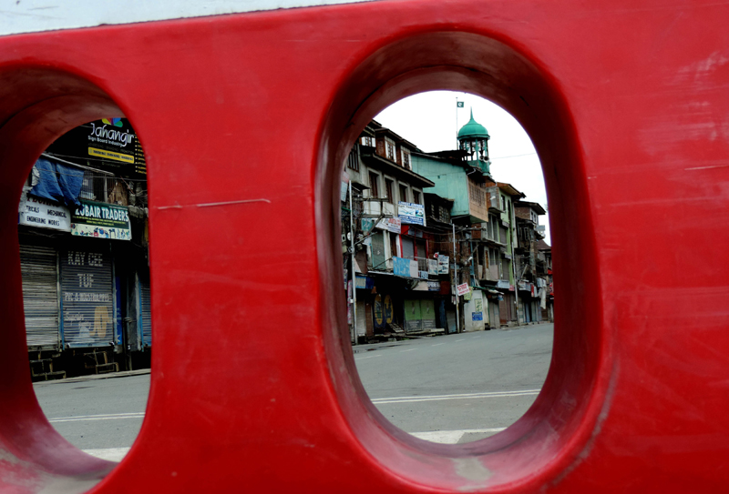 A deserted view of Budshah Chowk in Srinagar amid lockdown