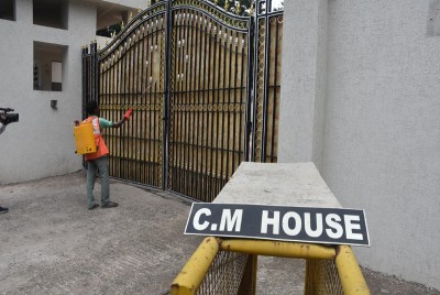 Health worker spraying disinfectant in Jharkhand CM's official residence