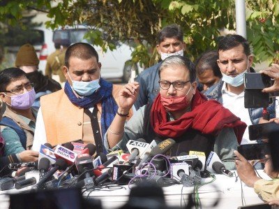 RJD MP Manoj Jha interacts with media