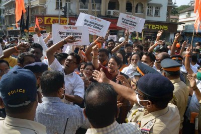 Shiv Sena workers holds protest against fuel prices hike in Mumbai on Thursday