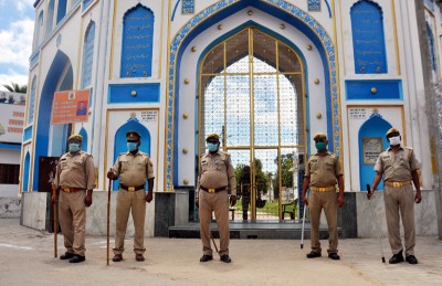 Policemen guarding Talkatora Karbala gate amid restrictions on Muharram processions in Lucknow