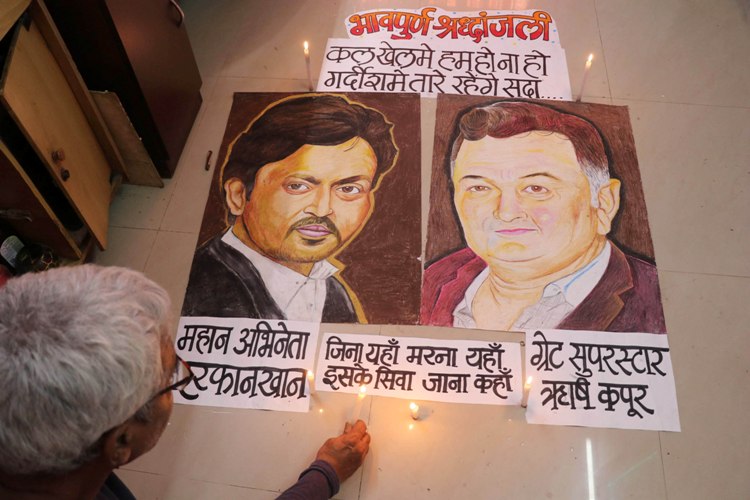 A rangoli for Irrfan Khan and Rishi Kapoor