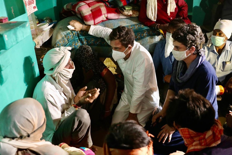 Rahul Gandhi, Priyanka Gandhi Vadra in Hathras on Saturday.