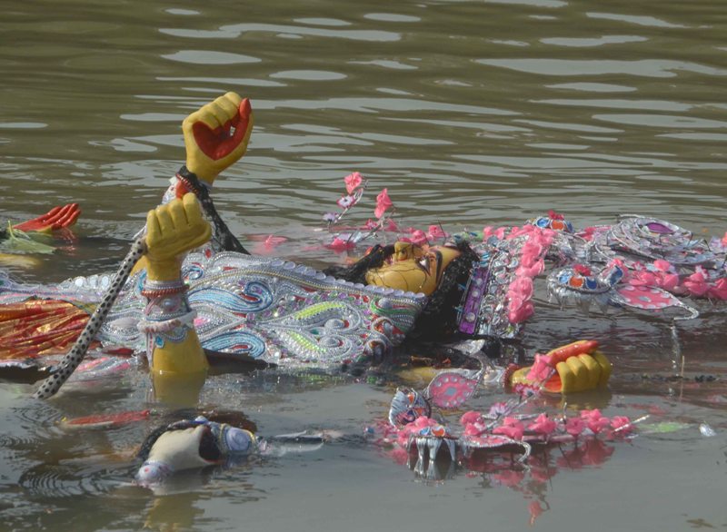 Glimpses of immersion of Goddess Durga's idols at Kolkata's Babughat