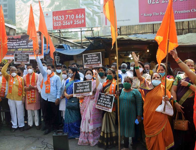 Shiv Sena workers holds protest against fuel prices hike in Mumbai on Thursday