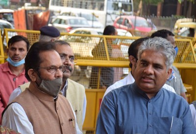 BJP delegation comprising Mukhtar Abbas Naqvi, Debasree Chaudhury speaking to media after meeting with EC Chief