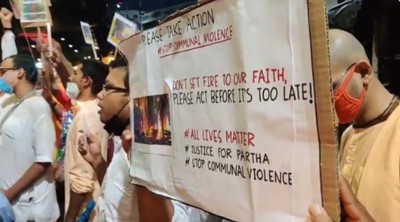 Bangladesh communal violence: ISKCON Kolkata members demonstrate outside Bangladesh Deputy High Commission