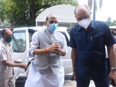 Rajnath Singh arrives at parliament during the monsoon session