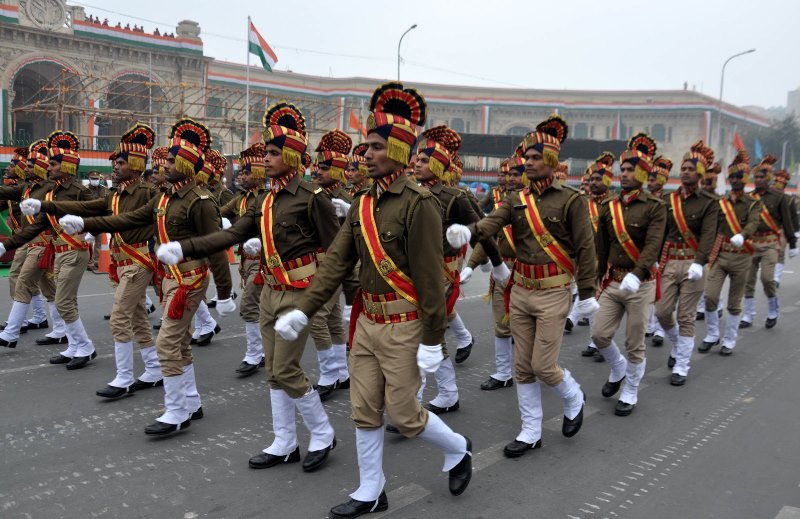 Police personnel marching during full dress rehearsal for Republic Day