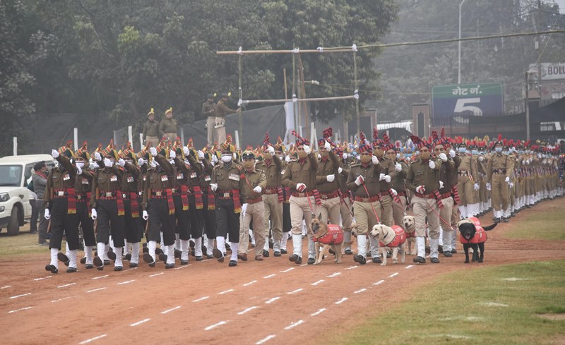 Police personnel marching during full dress rehearsal for Republic Day