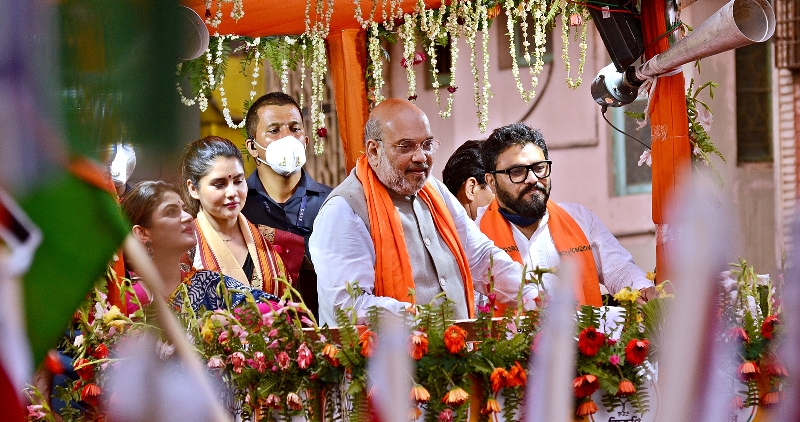 Bengal polls: Amit Shah holds roadshow for BJP candidates Babul Supriyo, Srabanti Chatterjee and Payel Sarkar in South Kolkata