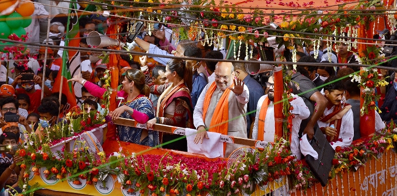 Bengal polls: Amit Shah holds roadshow for BJP candidates Babul Supriyo, Srabanti Chatterjee and Payel Sarkar in South Kolkata