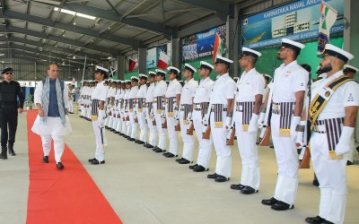Indian Defence Minister Rajnath Singh flags-off INS Sunayna as Indian Ocean Ship SAGAR from Karwar