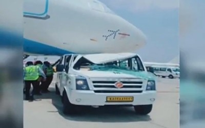 Tempo traveller hits stationary IndiGo plane at Bengaluru airport, driver suffers minor injury