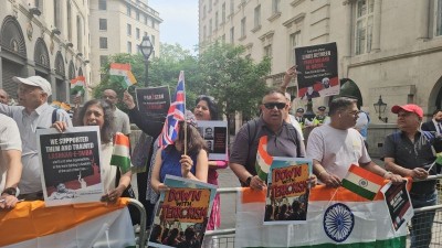 Indian community members protest against Kashmir terror attack in London