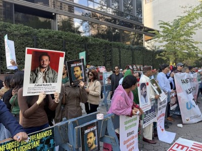 Free Balochistan demonstrators protest outside UN HQ in New York, demanding independence