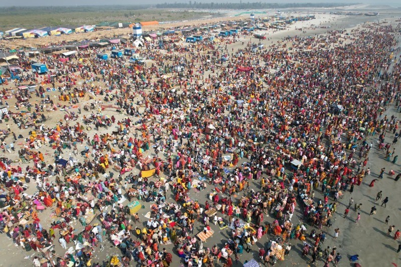 Aerial views show thousands taking holy dip at Gangasagar on Makar Sankranti