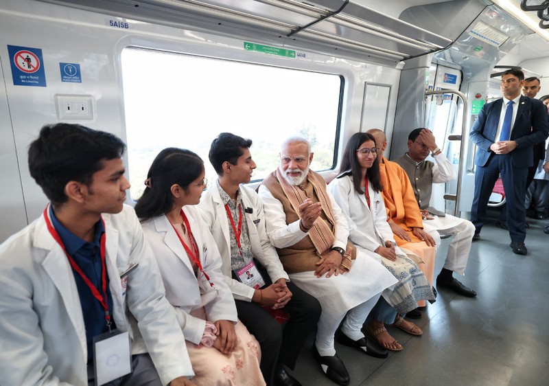 In Images: PM Modi interacts with commuters on new Meerut metro route