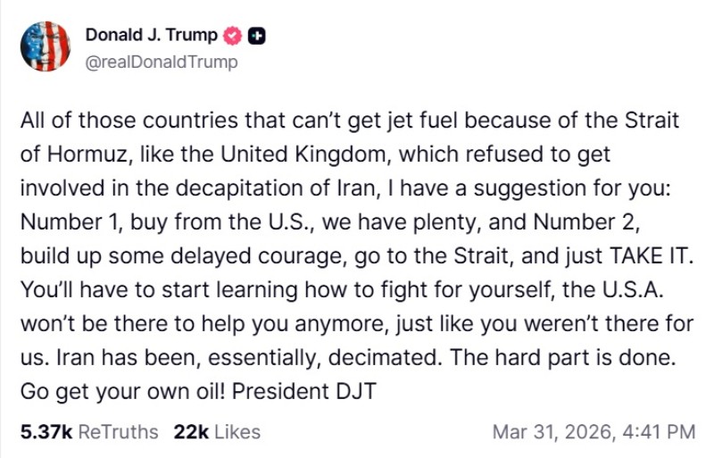 Trump tells allies to secure oil themselves as Hormuz blockade disrupts global energy flows. Trump tells allies to secure oil themselves as Hormuz blockade disrupts global energy flows.