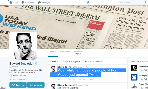Edward Snowden joins Twitter