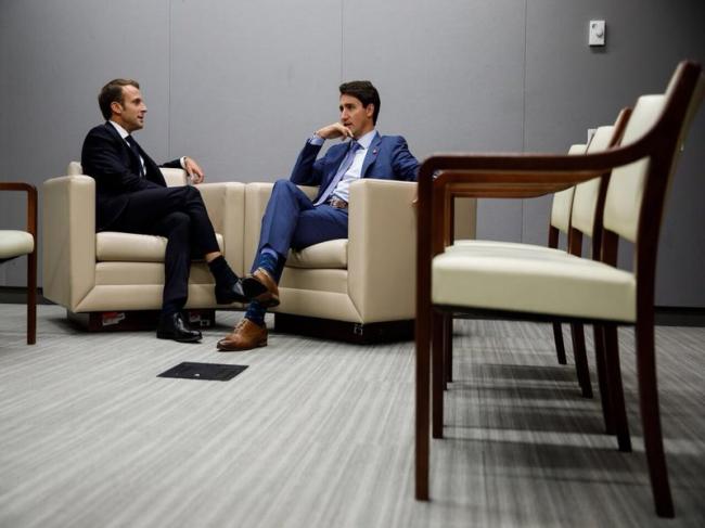 Canada PM Justin Trudeau meets French President Emmanuel Macron in New York